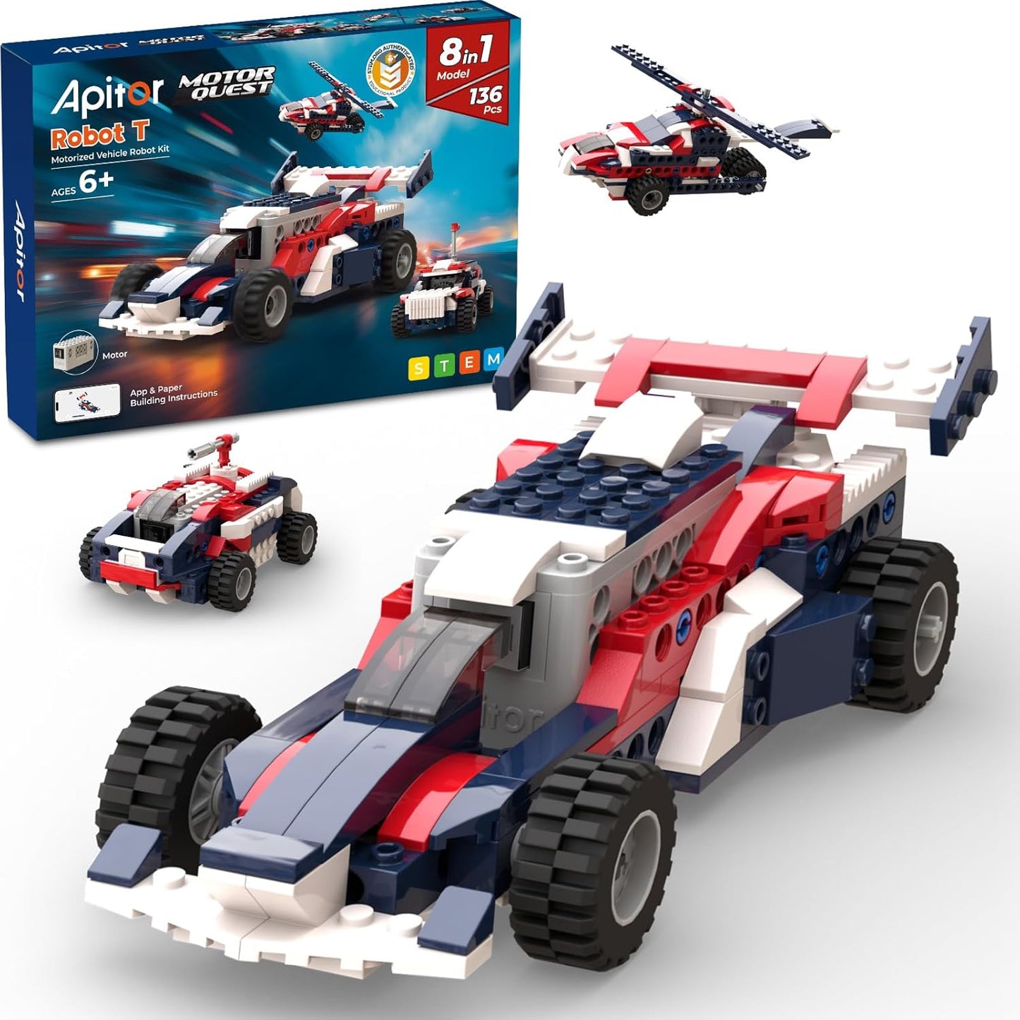 Apitor STEM Building Kit for Kids 6-12 | 8-in-1 Multi-Model Educational Robotics & Engineering Toy | DIY Race Car with High-Speed Motor | Fun STEM Building Robot for Young Boys & Girls