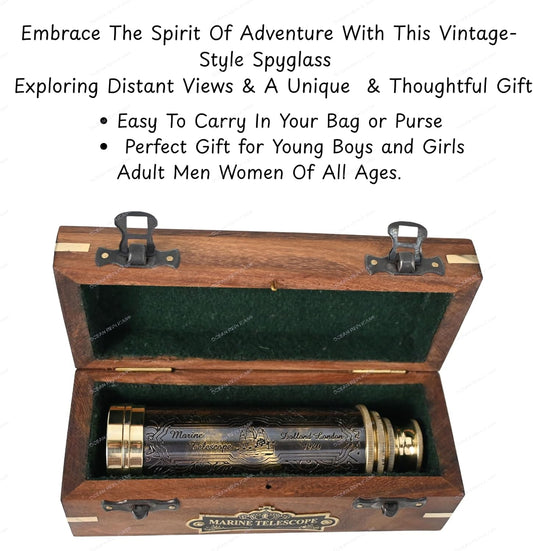 14" Handheld Brass Telescope with Engraved Imprints – Pirate Collection Spyglass with Wooden Box – Vintage Nautical Collectible, Antique Brass Pirate Scope Gift