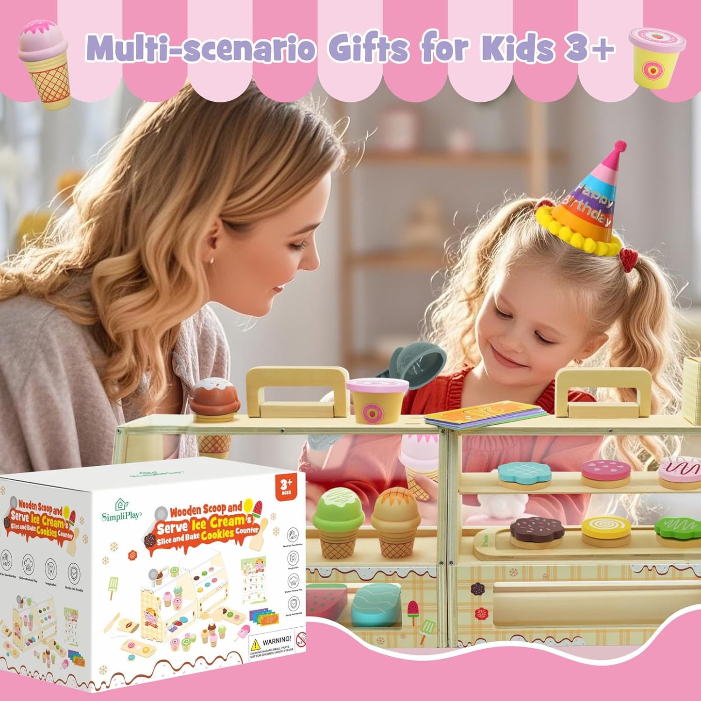 SIMPLIPLAY 2 in 1 Portable Wooden Ice Cream Toy & Cookie Play Set (63pcs), Slice and Bake Cookies, Scoop and Serve Ice Cream Counter with Pretend Play Food, Play Kitchen Accessories, Kids Gift Ages 3+