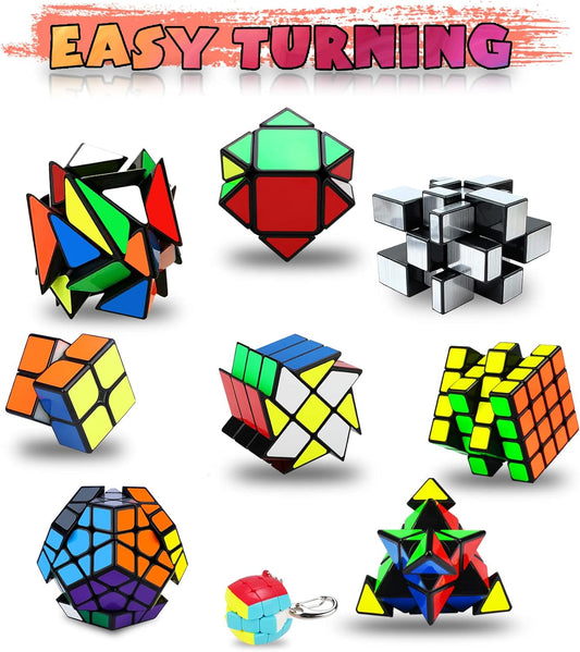 Speed Cube Set, Puzzle Cube,9 Pack Magic Cubes Pyraminx Pyramid + 2x2 + 3x3 + 4x4 + Megaminx + Mirror + Mini 3x3 + Skewb + Fenghuolun Puzzle Cube Toy for Kids & Adults