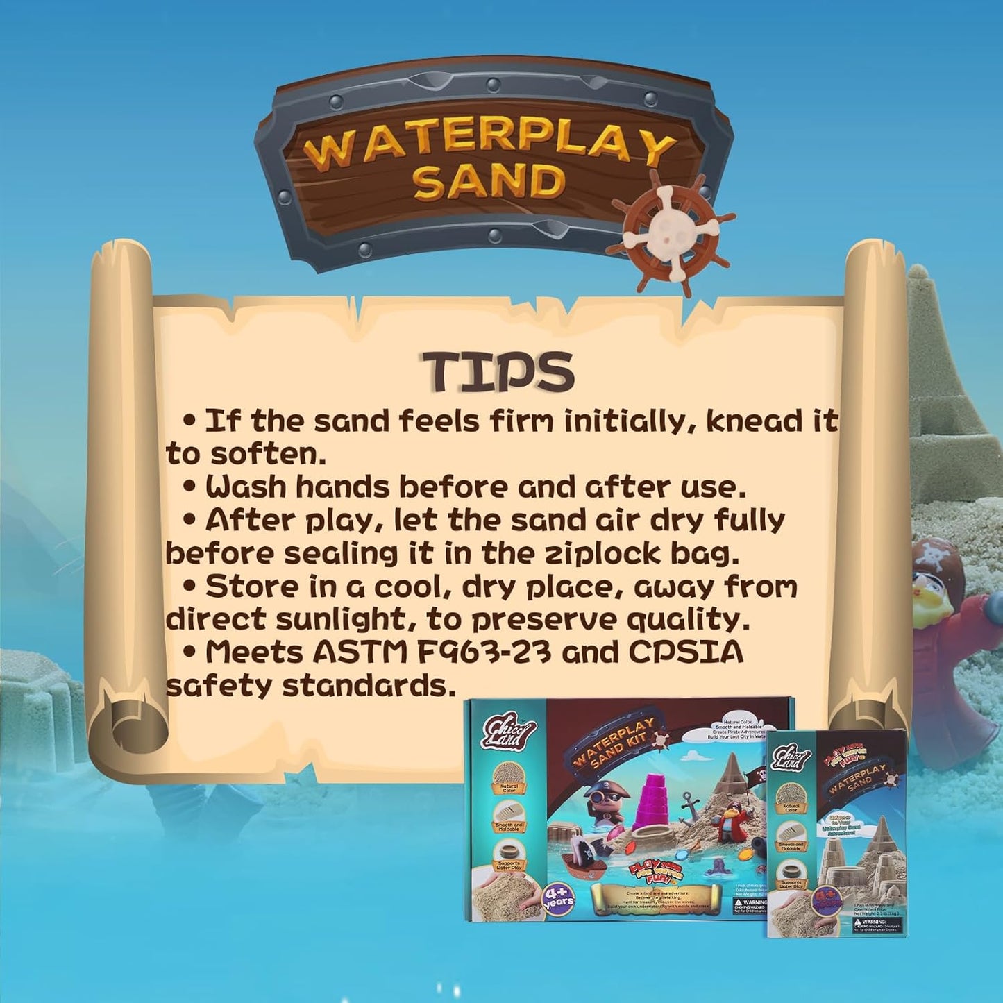 Waterplay & Sensory Play Sand - 2.2lb Moldable, Non-Toxic Sand for Kids Ages 4+, for Indoor/Outdoor Sandbox, Water Table & Sensory Play, Mess-Free, Easy Clean, Resealable Bag