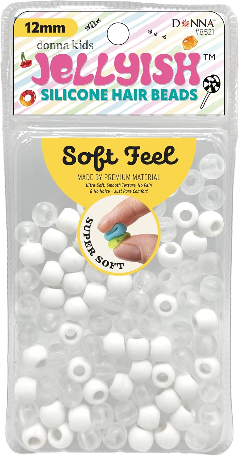 Donna Kids Jellyish Silicone Hair Beads – 12mm Super Soft Noiseless Beads for Braids, Ponytails & Kids Hairstyles – with Threading Tool Pain-Free, Flexible & Tangle (Clear Mix)