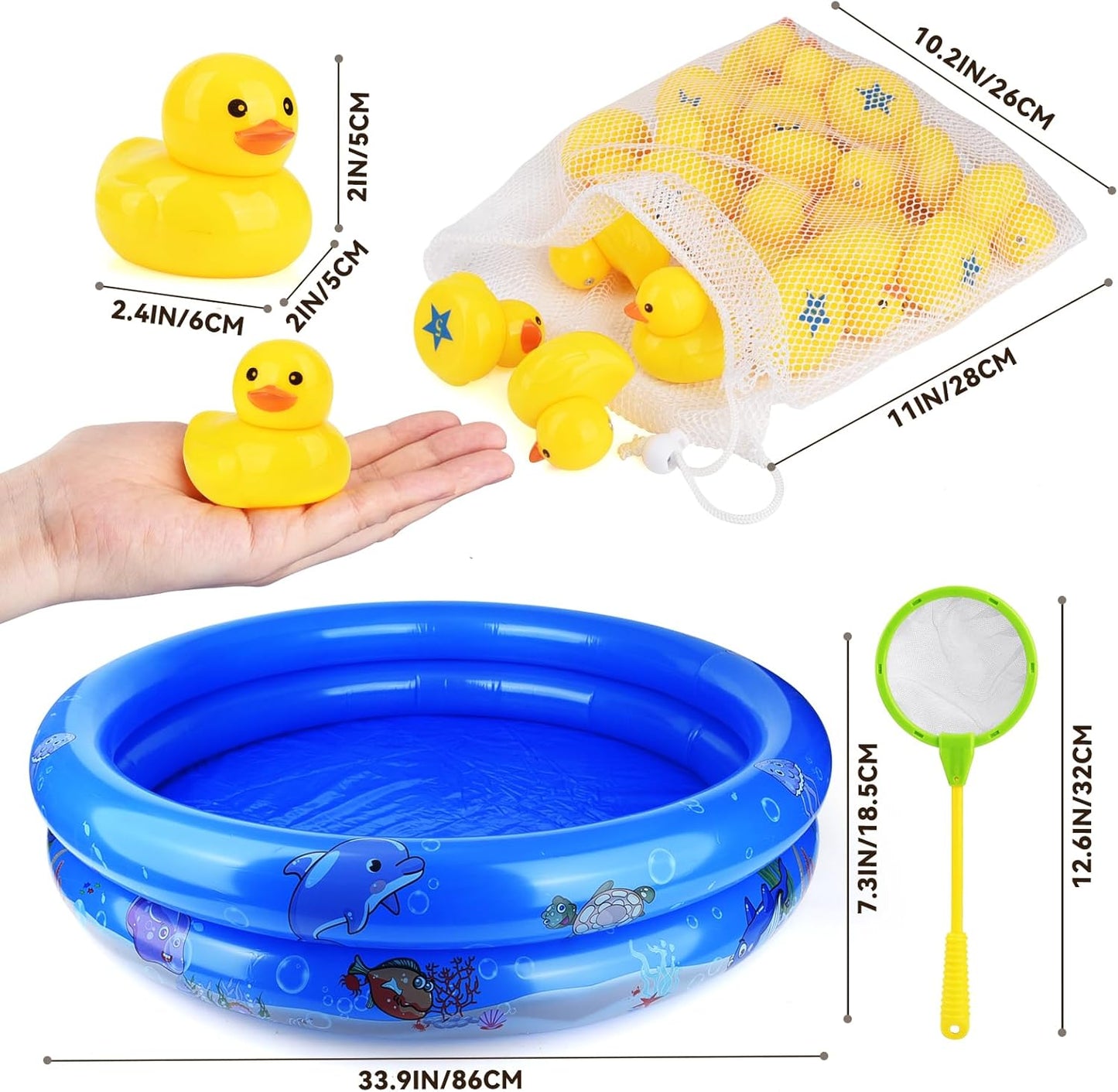 Duck Matching Game Toys for Kids - 20 Plastic Ducks with Numbers,34" x 7" Kiddie Pool | Storage Bag, 2 Nets - Fun Memory Games - Water Outdoor Game for Children,Preschoolers,Birthday Party Carnival