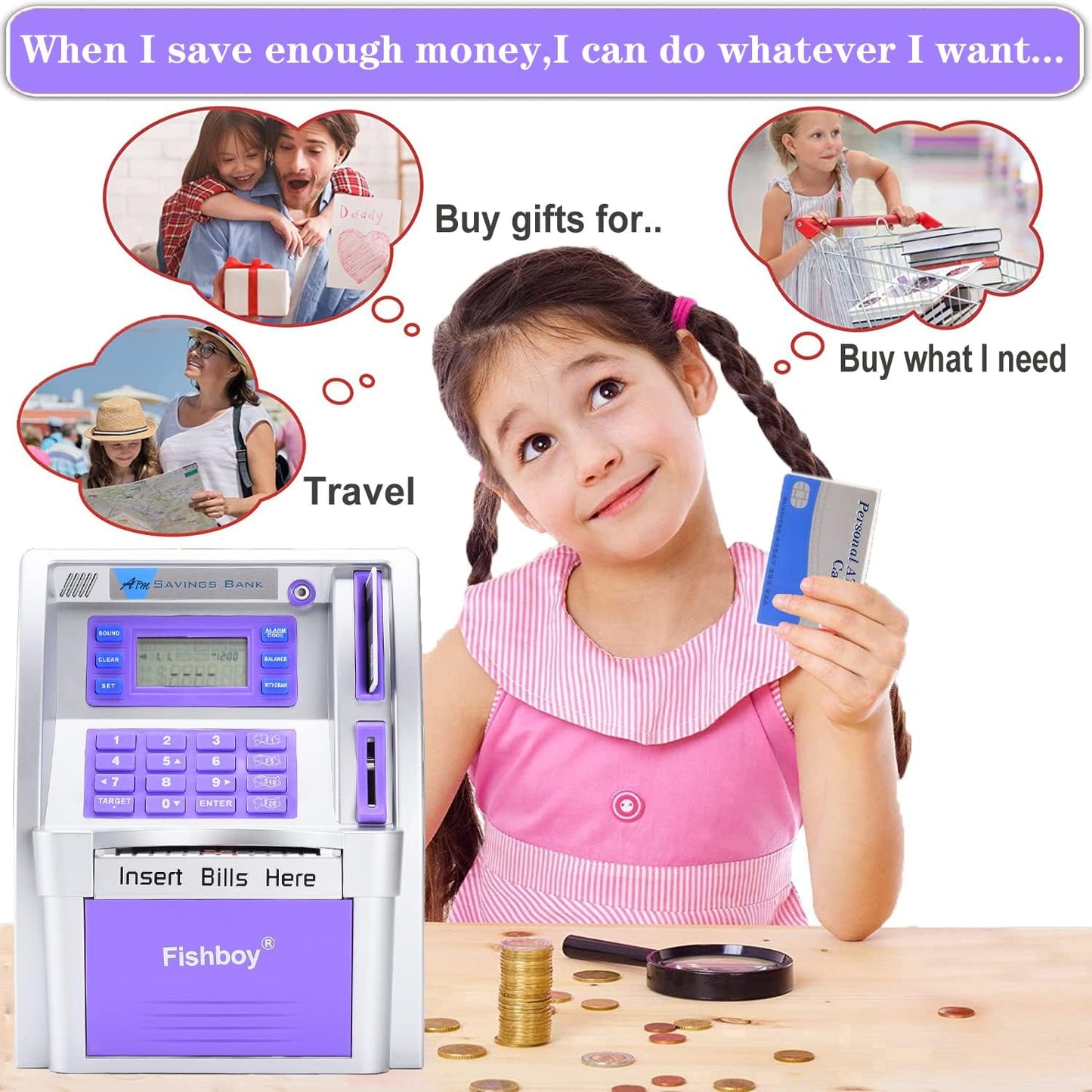 Fishboy Talking Pink ATM Piggy Bank for Kids with Dual Debit Cards, Power-Off Memory, Auto-Opening Drawer for Real Money for Girls, Onekey Shutdown, Bill Feeder, Coin Recognition, Balance Calculator