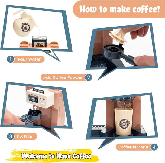 Pretend Play Coffee Shop Playset 41 PCS with Coffee Maker Machine, Sound Cash Register and Dessert Bakery Realistic Role Play Toy with Play Money, Donuts Cakes for Kids Birthday Party Fun