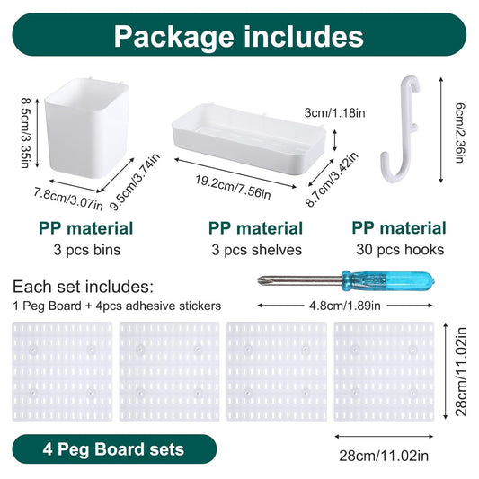 Wall Mount Peg Board Organizer 45pcs Kit, 4 Panels and 41 Accessories Pegboard Wall Organizer with Hooks, Bins, Shelves, DIY Tool Storage Pegboards Kits for Home Office Space Saving (White, 22"×22")