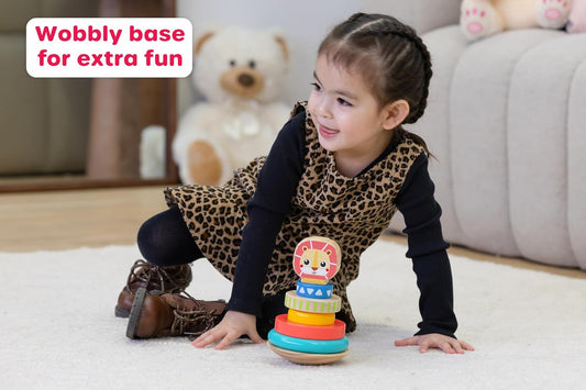 Jasey's Toy Chest Lion Stacking Rings | 7-Piece Wooden Stacker Toy with Colorful Rings & Lion Topper | Educational Toy for Toddlers Ages 12+ Months