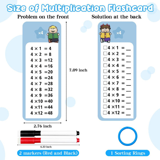 1-12 Multiplication Flash Cards, Large Math Table Flashcards, Including 15 Cards, 2 Dry Erase Markers, 1 Rings, Educational Times Table Flashcards for Classroom Home, for 1st to 3rd Grades