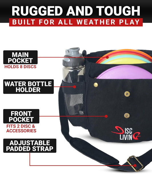 Disc Golf Bag | Frisbee Golf Bag | Easy to Carry | Lightweight Fits Up to 10 Discs | 16 oz Waxed Canvas Sturdy Design | Belt Loop | Double Button Design | Bottle Holder