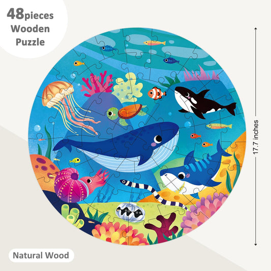 Floor Puzzles for Kids Ages 4-8, Ocean Animal Large 48 Piece Round Wooden Puzzles for Kids Ages 3-5, Educational Toys Wooden Jigsaw Puzzle for 6 7 8 Year Old