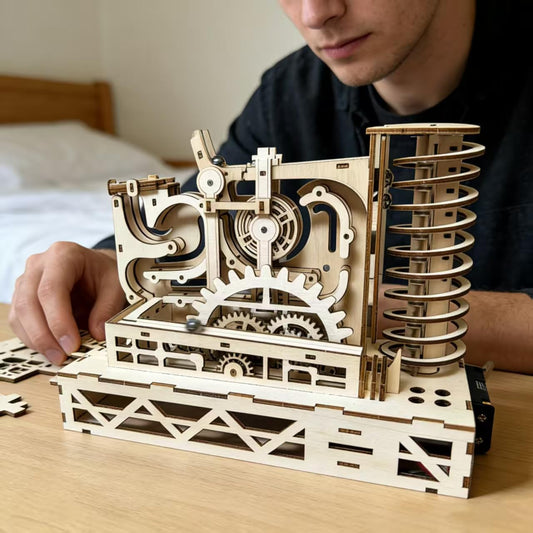 3D Wooden Puzzles for Adults, Motorized Marble Run Spiral Model Kit - Natural Wood DIY Craft Building Set, Unique Gift for Adults Men Women