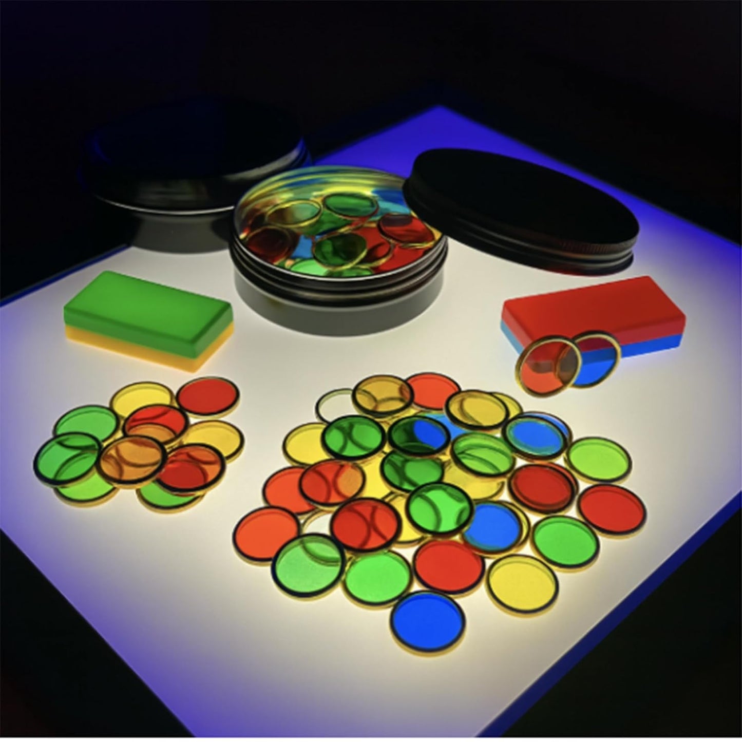 150 Magnetic Counting Chips & Counters with 2 Block Magnets | Translucent Math Manipulatives for Preschool STEM | Light Table Accessories in 5 Colors