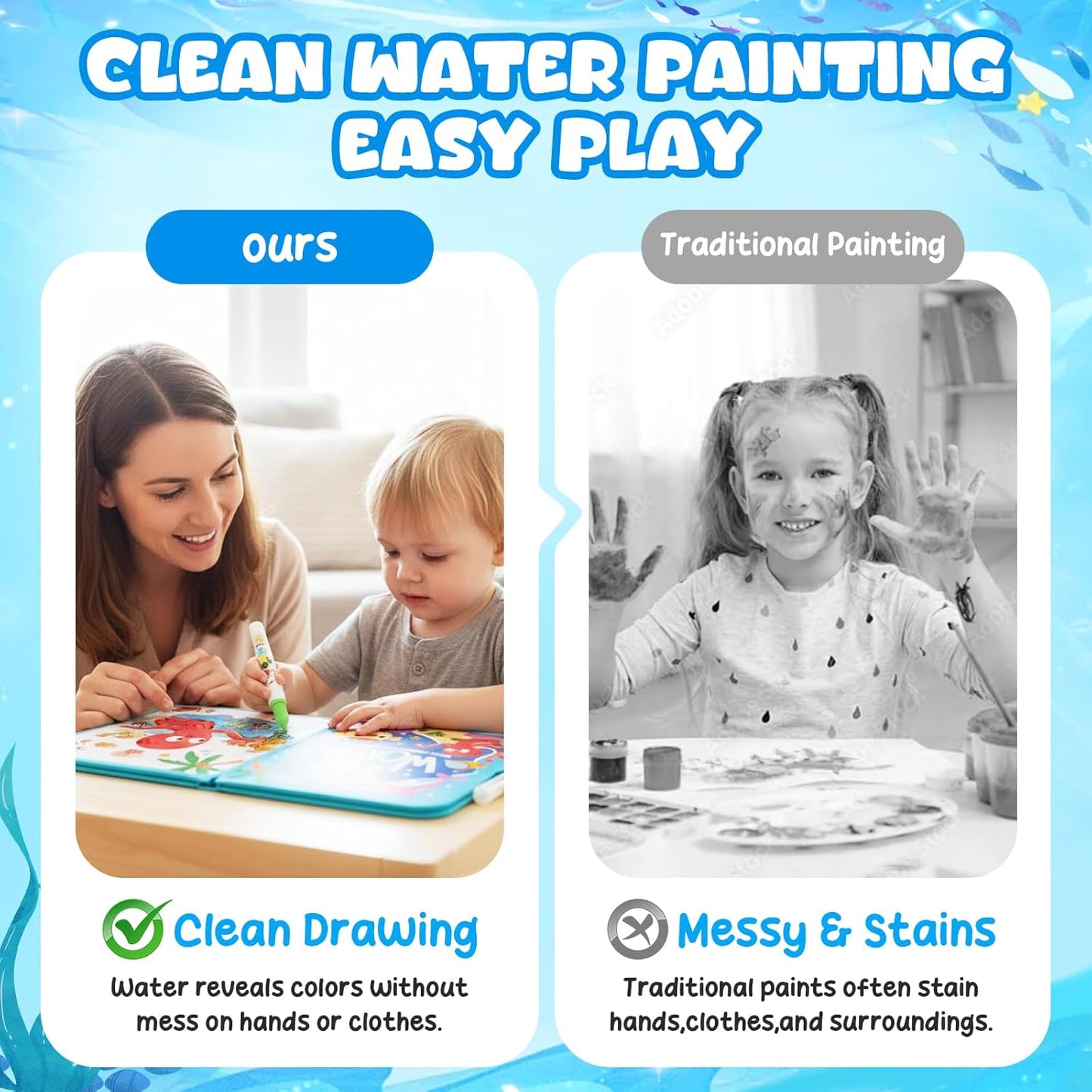 YoPoll Water Painting Book for Kids, Reusable Magic Water Coloring Book with Water Pen, No Mess Water Reveal Coloring Book, Travel Activity Toy for Toddlers Ages 3–6