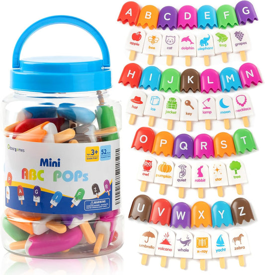 ABC Popsicles - 100 Pcs Translucent Bear Counters, Counting Animal Matching Games Color Sorting Toys, Translucent Toys for Light Table, Includes 11 Activity Cards