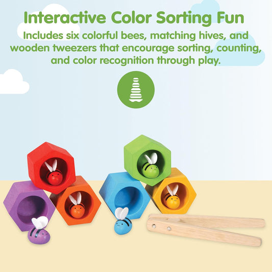 PlanToys® Wooden Beehive Color Sorting Toy for Toddlers | Montessori Fine Motor Skill Playset with Bees, Hives & Tweezers | STEM Learning Toy for Kids Ages 3+