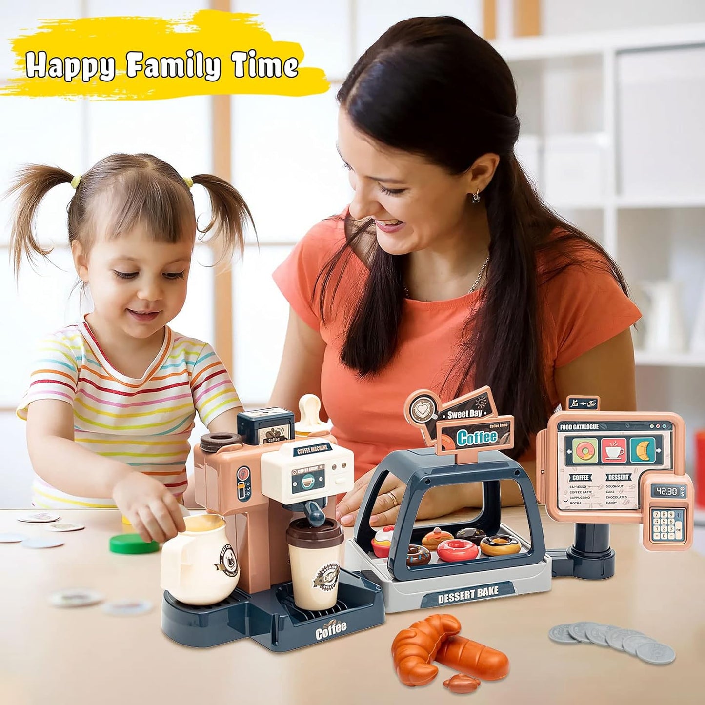 Pretend Play Coffee Shop Playset 41 PCS with Coffee Maker Machine, Sound Cash Register and Dessert Bakery Realistic Role Play Toy with Play Money, Donuts Cakes for Kids Birthday Party Fun