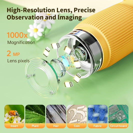Kids Microscope Pocket Microscope, 2" IPS Screen 1000X Portable Microscope for Kids, Photo and Video Camera, Christmas Birthday Gifts for Age 3 4 5 6 7 8 9 10 11 12 Girls Boys