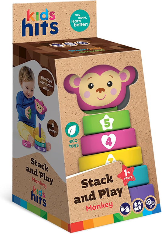 Kids Hits Stack and Play Monkey – Wooden Stacking Ring Toy with Numbers, Shapes & Colors – Montessori Learning Toy for Toddlers Ages 1+
