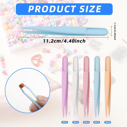 15PCS Multi-Colors Plastic Tweezers, Plastic Fuse Beads Forceps for DIY Craft Jewelry Making Family, Handmake Beads Crafts Tweezers/Manual DIY Creative Craft Game Tool for Beading Projects