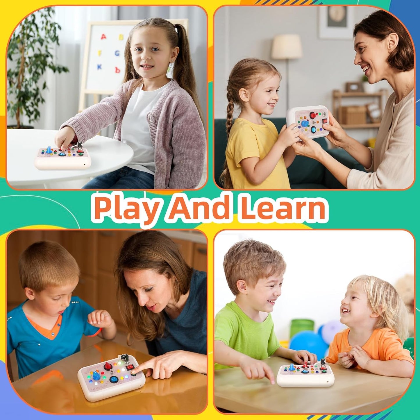 DINOTIME Busy Board, Montessori Educational Toy for 1 2 3 Years Old with LED Light, Travel Toys for 1+ Year Old Toddler Baby