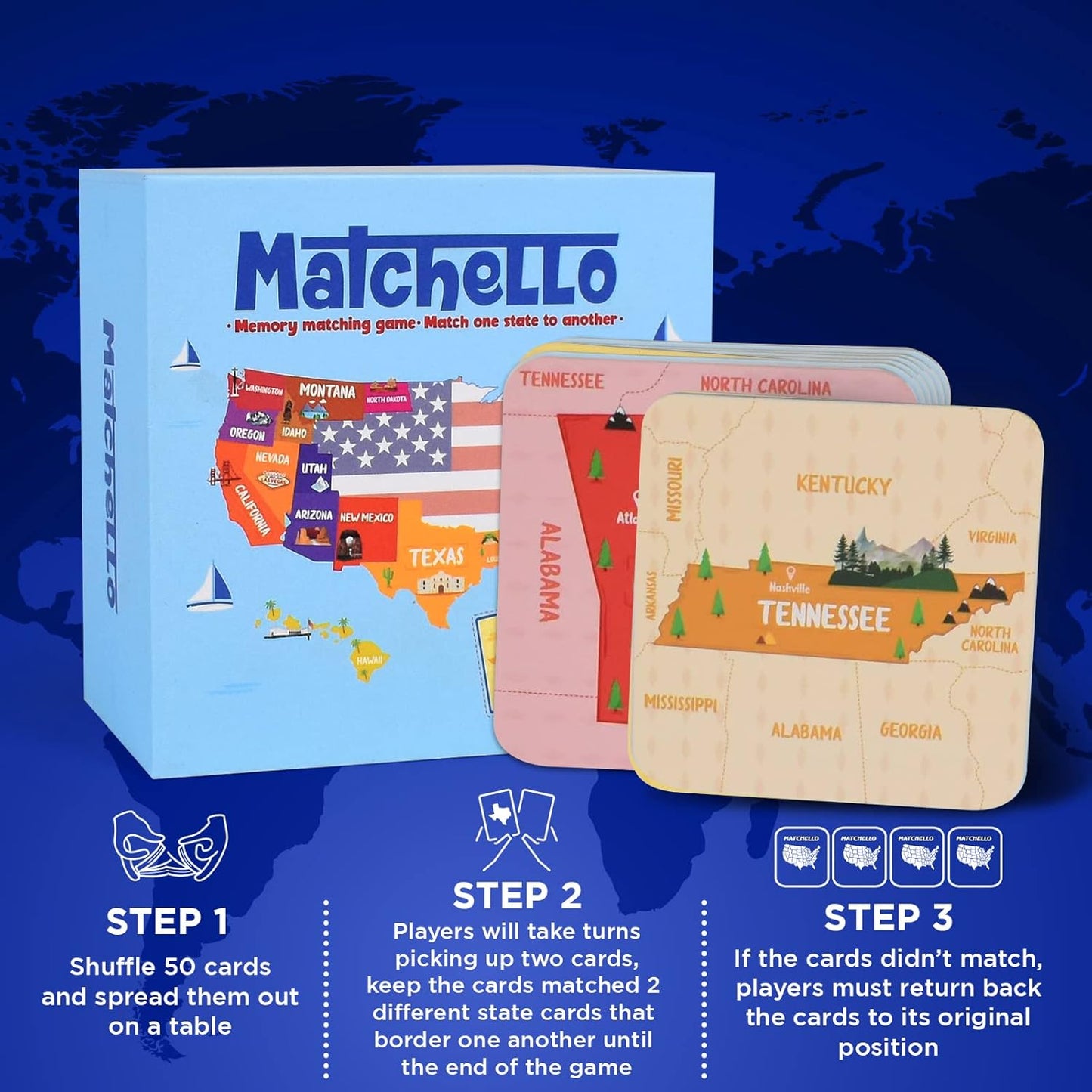 Memory Matching Game - Learn Geography for Kids – 50 States Matching Game – Educational and Fun State Cards for Kids and Grownups – Colorful Cards – Ages 7 and Up