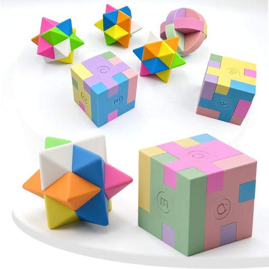 PROLOSO 15 Pcs Puzzle Cube Pencil Erasers Kids Party Favors Classroom Student Prizes Brain Teasers