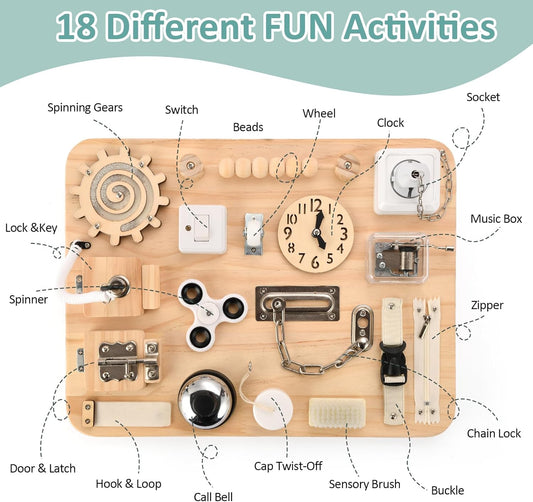 Potatomato Montessori Large Busy Board for 1 2 3 4 Year Old- Wooden Sensory Toys -Fidget Activity Board for Toddlers Boys and Girls- Motor Skills Gifts for ADHD & Autistic Children Kids
