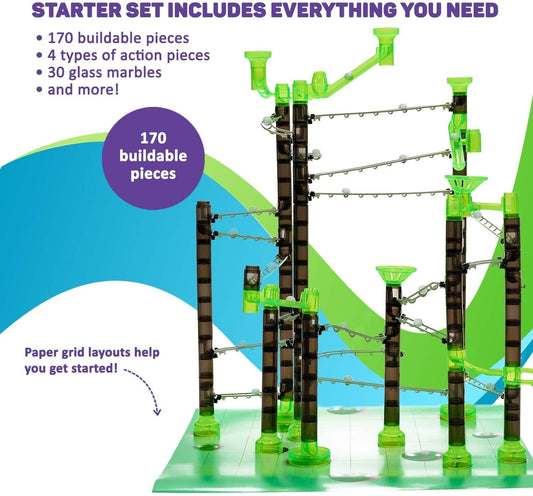 Marble Genius Marble Rails Starter Set, 200 Piece Marble Run for Kids 8+ (30 Marbles, 30 Rail Pieces, 12 Base Pieces & More), STEM, Full-Color Instructions, Great for Kids & Teens