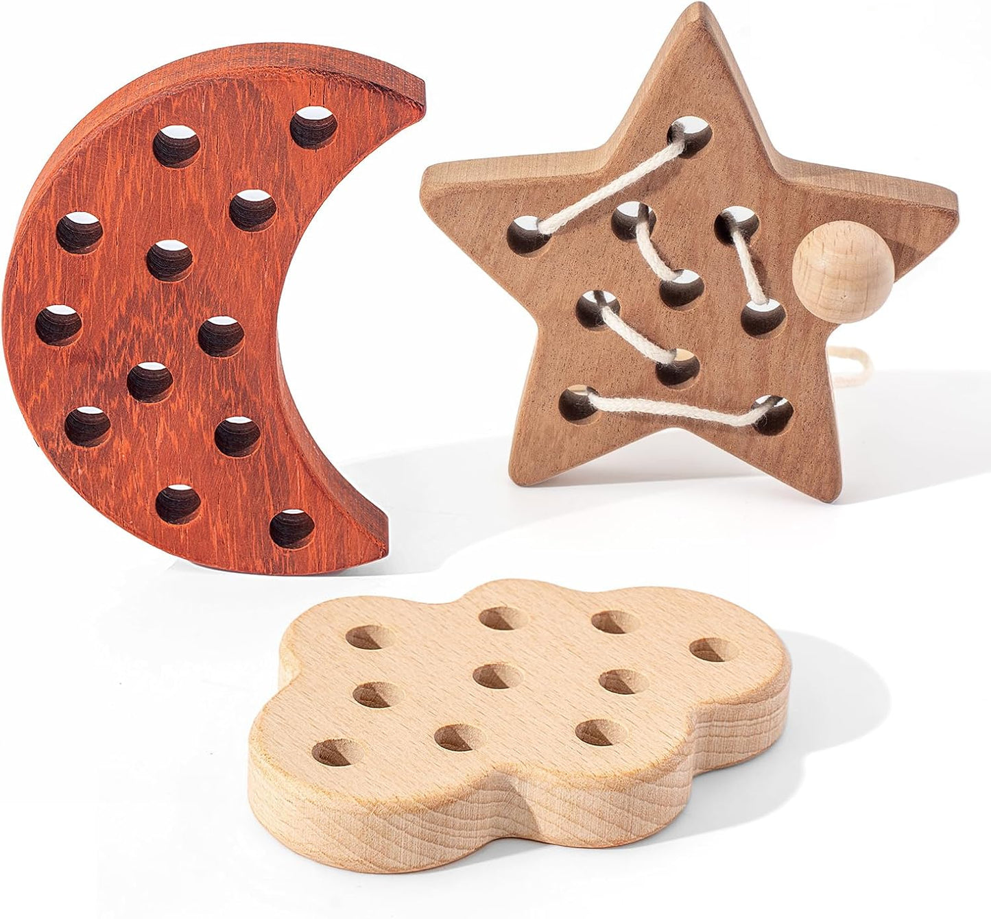 3 Pack Wooden Lacing Threading Toys for Toddlers 1-3 Solid Wood Threading Activity Puzzles, Moon/Stars/Cloud Quiet Toddler Toys for Airplane Travel Fine Motor Skills Sensory Toys