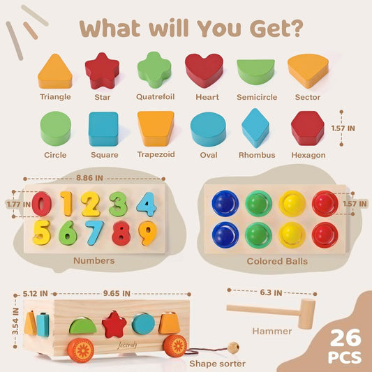 Shape Sorter - Wooden Xylophone and Montessori Number Puzzle Set for Babies - Educational Sorting Game with Storage Car for Toddlers