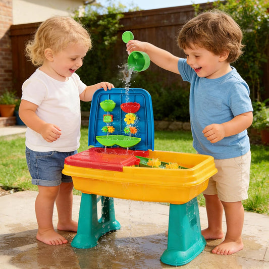 Kids Sand and Water Table, 2 in 1 Toddler Activity Table with Water Wheel & Sand Tools, Outdoor Indoor Sensory Play Sandbox Table for Toddlers, Summer Beach Water Toys for Boys Girls Age 3+