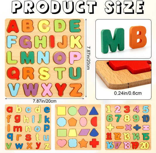 4-in-1 Wooden Alphabet Puzzle for Kids Ages 3+ – Upper & Lowercase Letters, Numbers & Shapes – Montessori Educational Learning Toy for Toddlers & Preschool – Fine Motor & Early STEM Skills