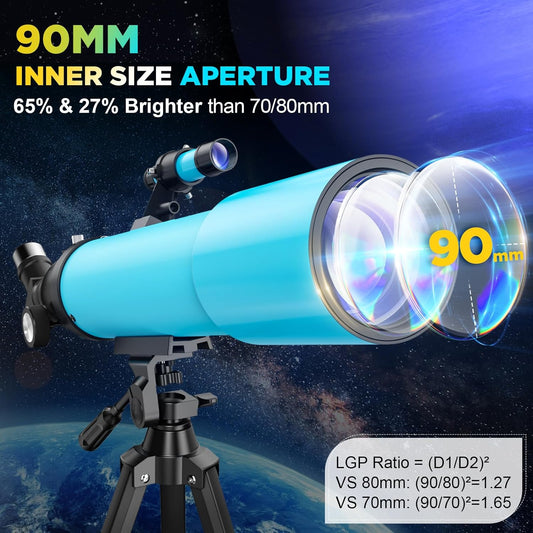 90mm Refractor Telescope for Adults & Kids 8+: 150X High Power, 500mm Focal Length, Professional Astronomical Scope with 133cm Tripod for Stargazing, Xmas Toy Gift for Beginners Boy Girls