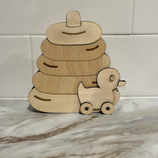 Baby Gift Card Holder with Wooden Stacking Rings Toy, Pull Duck Design, Handcrafted Basswood Keepsake for Baby Shower