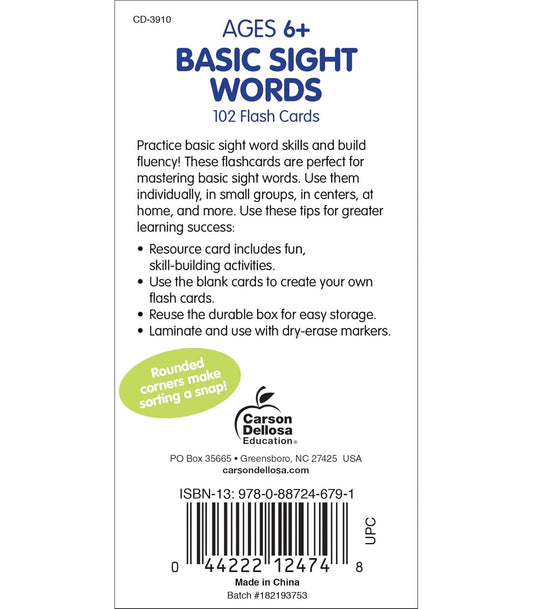 Carson Dellosa 102 Basic Sight Words Flash Cards Kindergarten, Flashcards for Kids Ages 6 and Up, Phonics and Vocabulary Kindergarten Learning Activities
