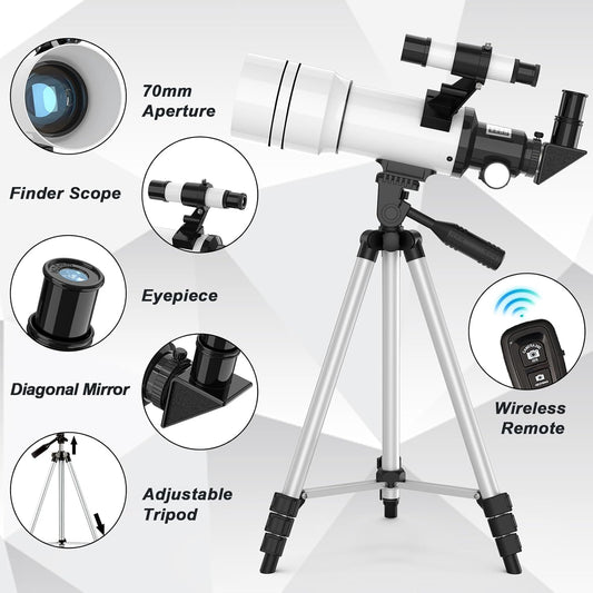 Telescope for Adults & Kids, 70mm Aperture Astronomical Refractor Telescopes for Astronomy Beginners (15X-150X), 300mm Portable Telescope with an Phone Adapter & A Wireless Remote