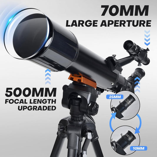 Telescope for Beginners & Kids: 70mm / 500mm Refractor (150X HD), Portable Travel Scope, Best Astronomy Gifts for Adults w/Wireless Remote, Carrying Bag. Easy Set Up