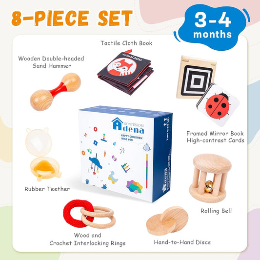 Adena Montessori Play Kit for 3-4 Months Baby,8 in 1 Wooden Learning Educational Toys for Toddler,Include Framed Mirror Book,High-Contrast Cards and More,Christmas Birthday Gift for Boys Girls