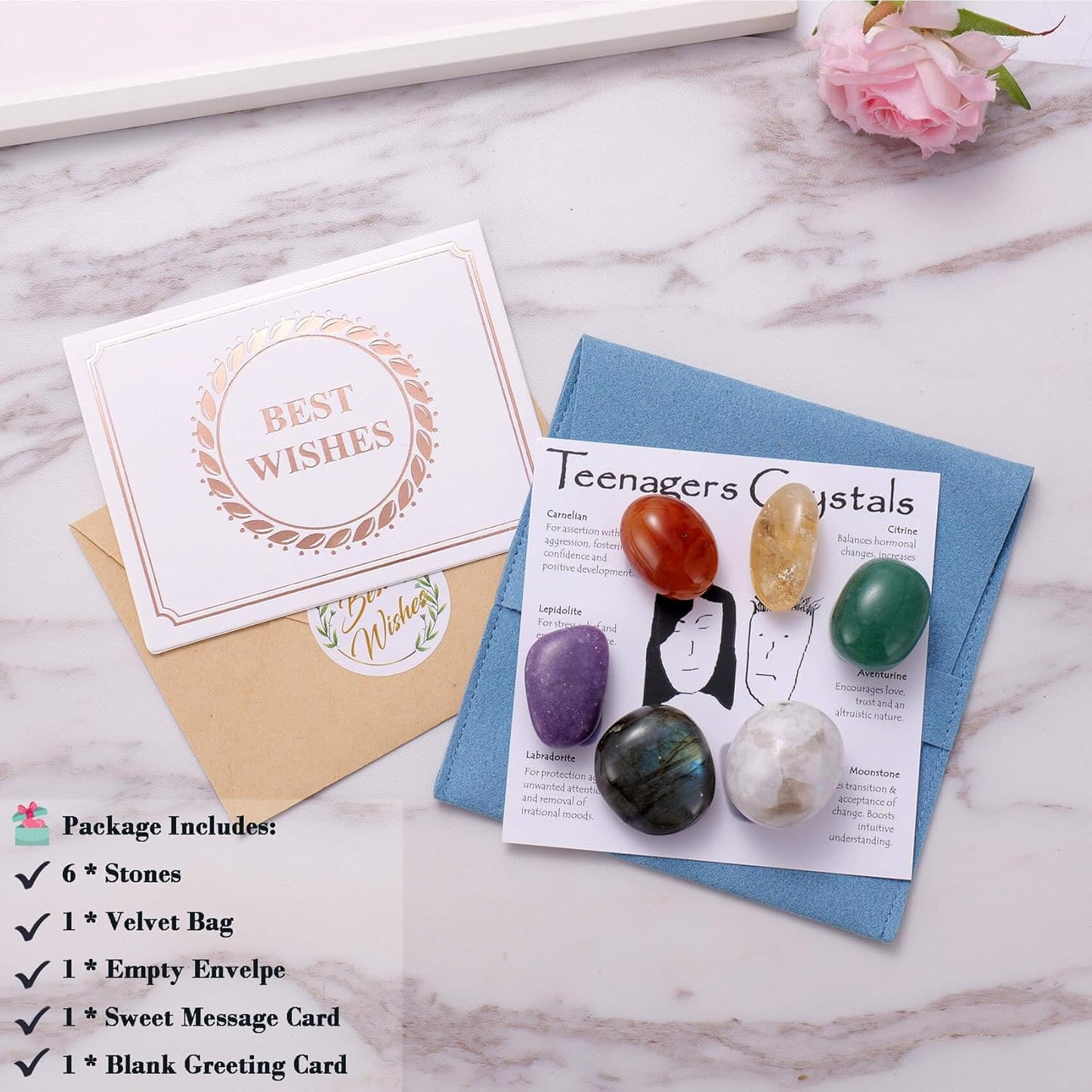 Crystals for Teens, Growing Up Crystal Set for Confidence Calm and Positive Energy, Healing Crystal Starter Kit, Self Love Encouragement Gifts for Teenage Boys and Girls