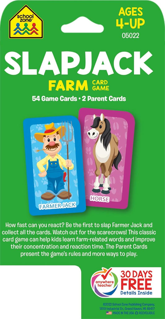 School Zone Slapjack Farm Card Game: 56 Game Cards, Preschool, Kindergarten, Animals, Counting, Matching, Vocabulary, Ages 4+