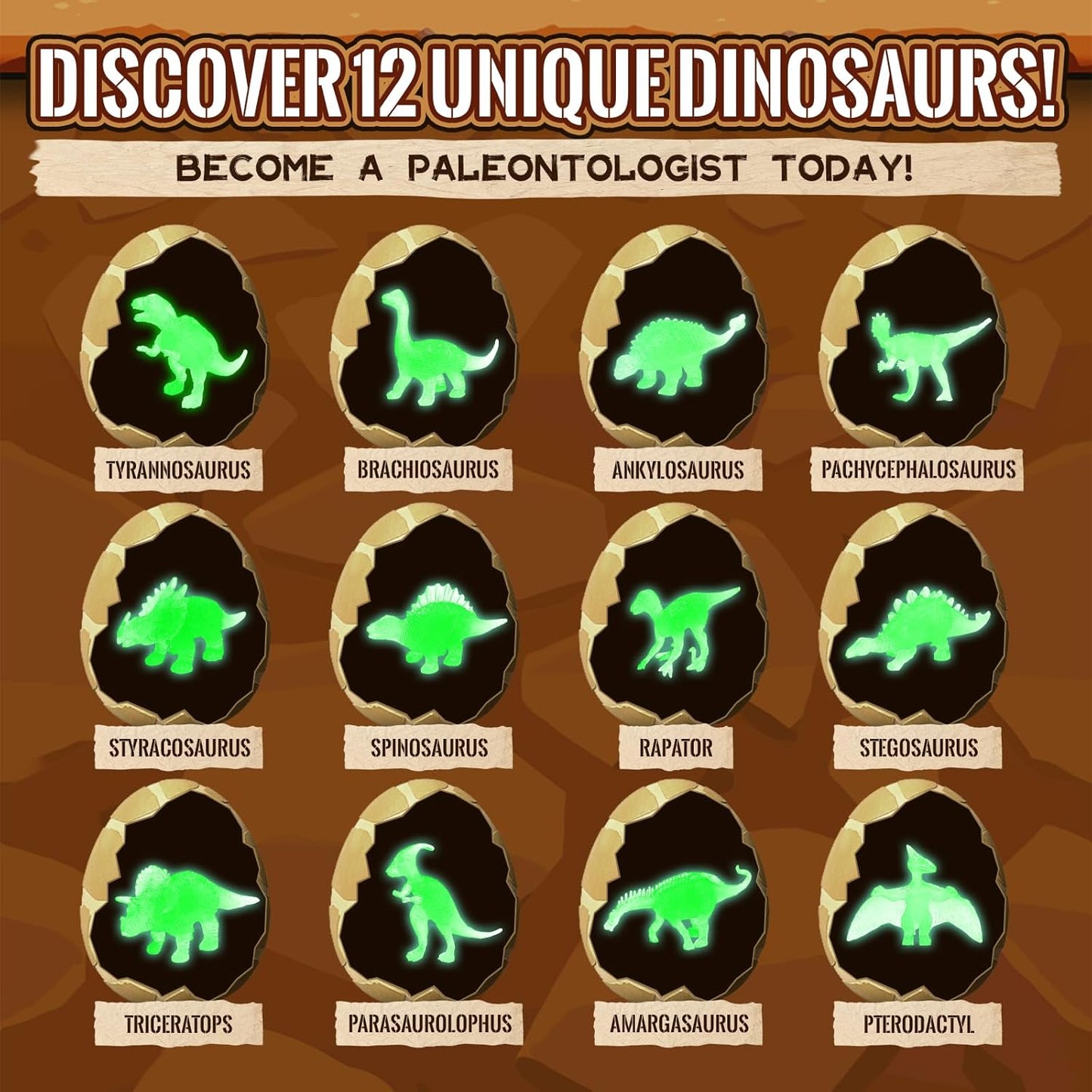 Dinosaur Egg Excavation Dig Kit for Kids - 12Pack Easter Basket Stuffers, Glow in The Dark Dino Easter Eggs, Dinosaur Toys Easter Gift for 3 4 5 6 7 8 Year Old