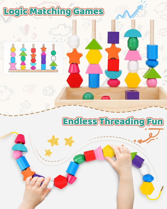 Montessori Toys for 3 Year Old, Stacking Toys for Toddlers, Stacking Blocks, Lacing Beads, Matching Shape Preschool Toys, Montessori Toys for 3 4 5 Year Olds with Canvas Storage Bag