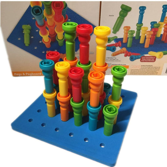 Peg Board Set Toys-Montessori Occupational Therapy Fine Motor Skills Toy, Suitable for Toddlers and Preschoolers Over 3+ Year Old. 25 Tall-Stacker Pegs Rubber 8" Pegboard