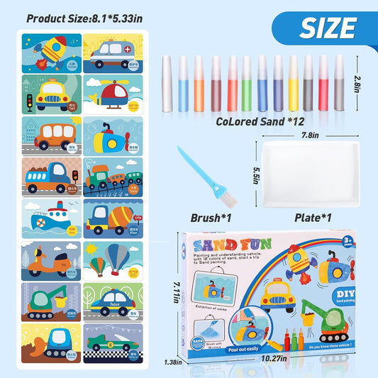 Colorful Sand Art Kit Crafts for Kids Ages 4-8- 12 Colored Sands, 16 Vehicles Sand Art Pictures - DIY Crafts Set for Girls and Boys,Arts and Crafts for Kids Ages 8-12