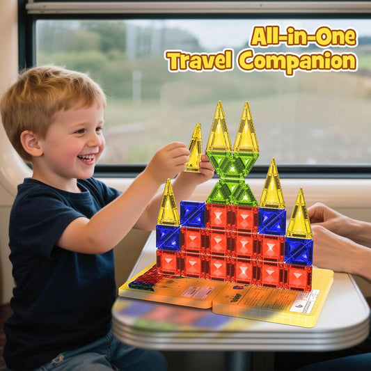 42-Piece Mini Magnetic Tiles Travel Set with Metal Storage Box - Portable STEM Building Blocks for Kids Ages 3-8, Montessori Educational Toys for Airplane & Car Rides, Gift for Boys & Girls