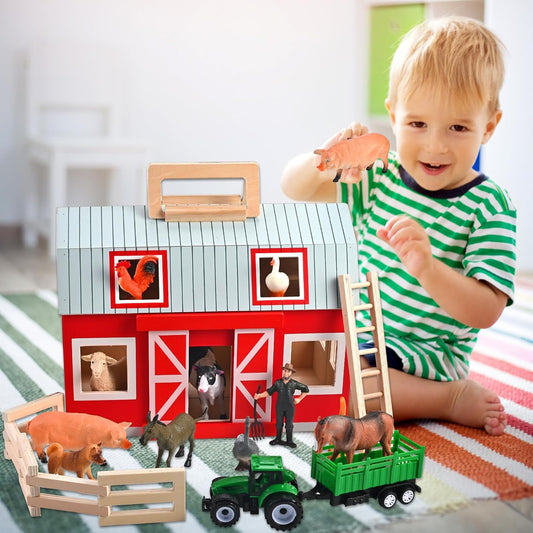 Wooden Barn Toys, Play Barn with 12 Animal Play Figures for 3+ Years Old, Toy Barn and Farm Animals,Wooden Barn Playset for Christmas Birthday Gift for Boys Girls