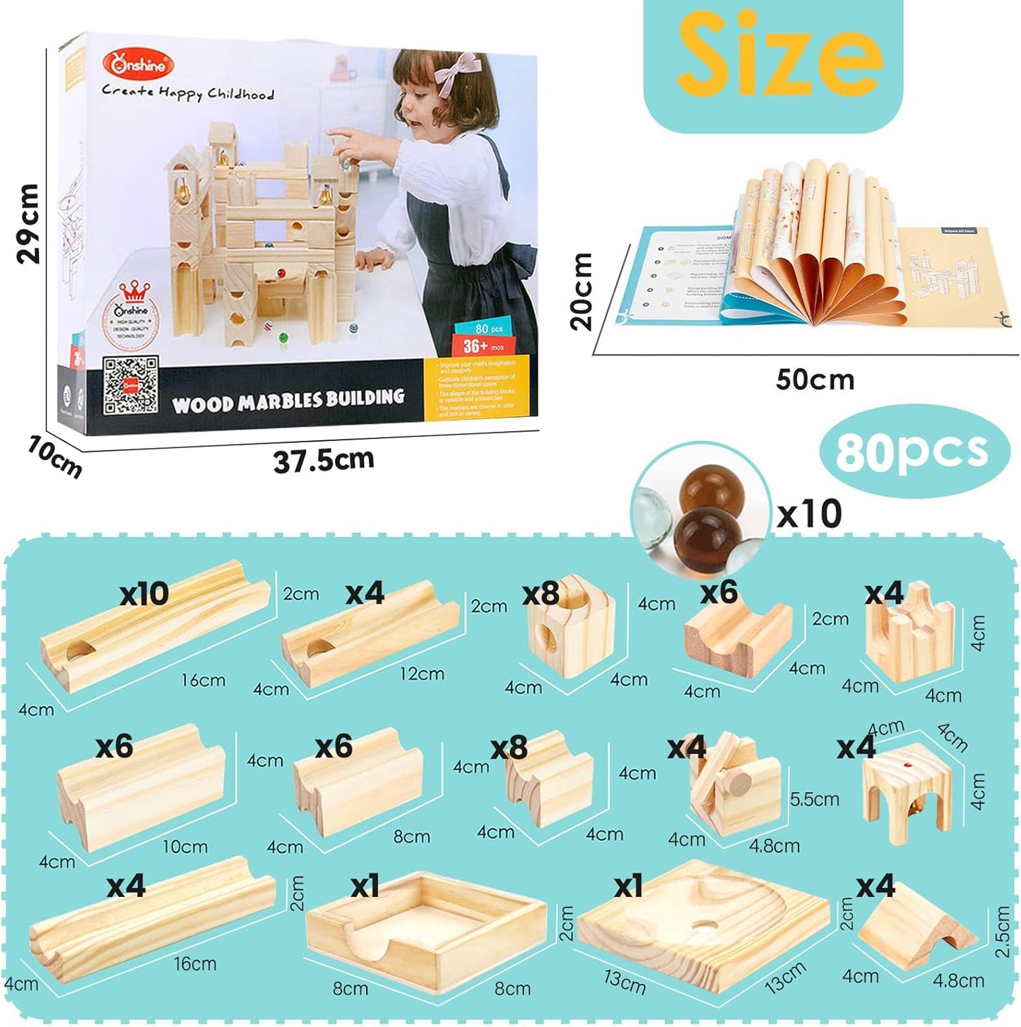 Wooden Marble Run for Kids Ages 4-8, 80 Pieces Wood Building Blocks Toys and Construction Play Set, Marble Track Maze Game STEM Learning Toys Gifts for Boys Girls (80pc Set)