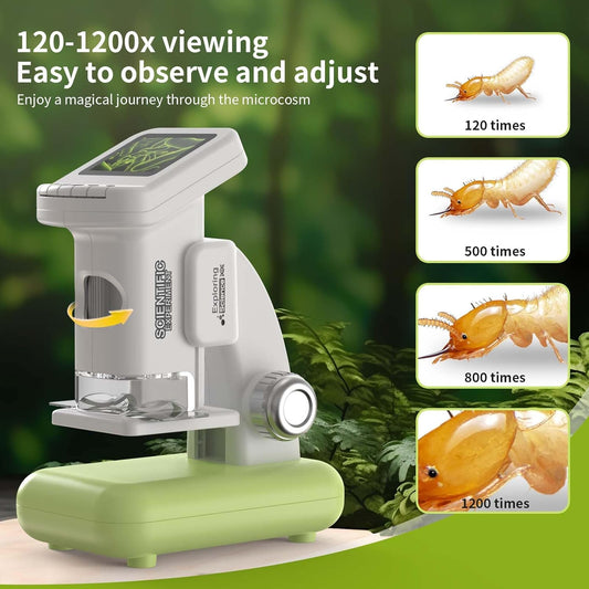 1200X Microscope for Kids 4K with 2 inch Screen STEM Digital Science Kit Rechargeable Handheld Mini Pocket Children Students Slides Portable Gift for Kids Ages 6 to 12 (Green)