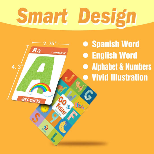 Spanish English Bilingual Alphabet Numbers Go Fish Card Game for Kids,72 Cards, ABC Learning Playing Cards, Memory Matching Games, 2-8 Players, Ages 4-8 and up, Old Maid and Slap Jack