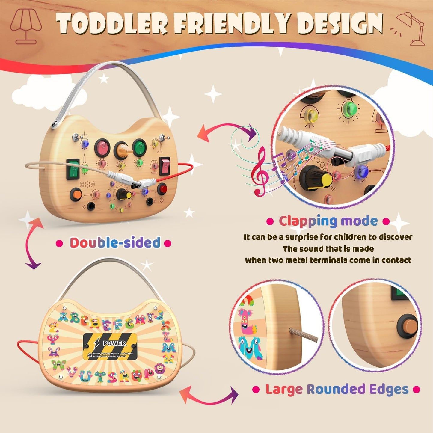 UdoUto Montessori Wooden Busy Board for Toddlers with LED Light Lights & Switches,Portable Activity Board for Car & Airplane Travel Toys, Christmas & Birthday Gift for 1-3 Year Old Boys & Girls